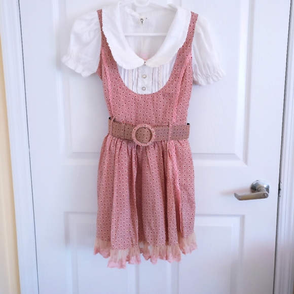 Inset Blouse Lace-Trim Belted Dress Small - Picture 3 of 9